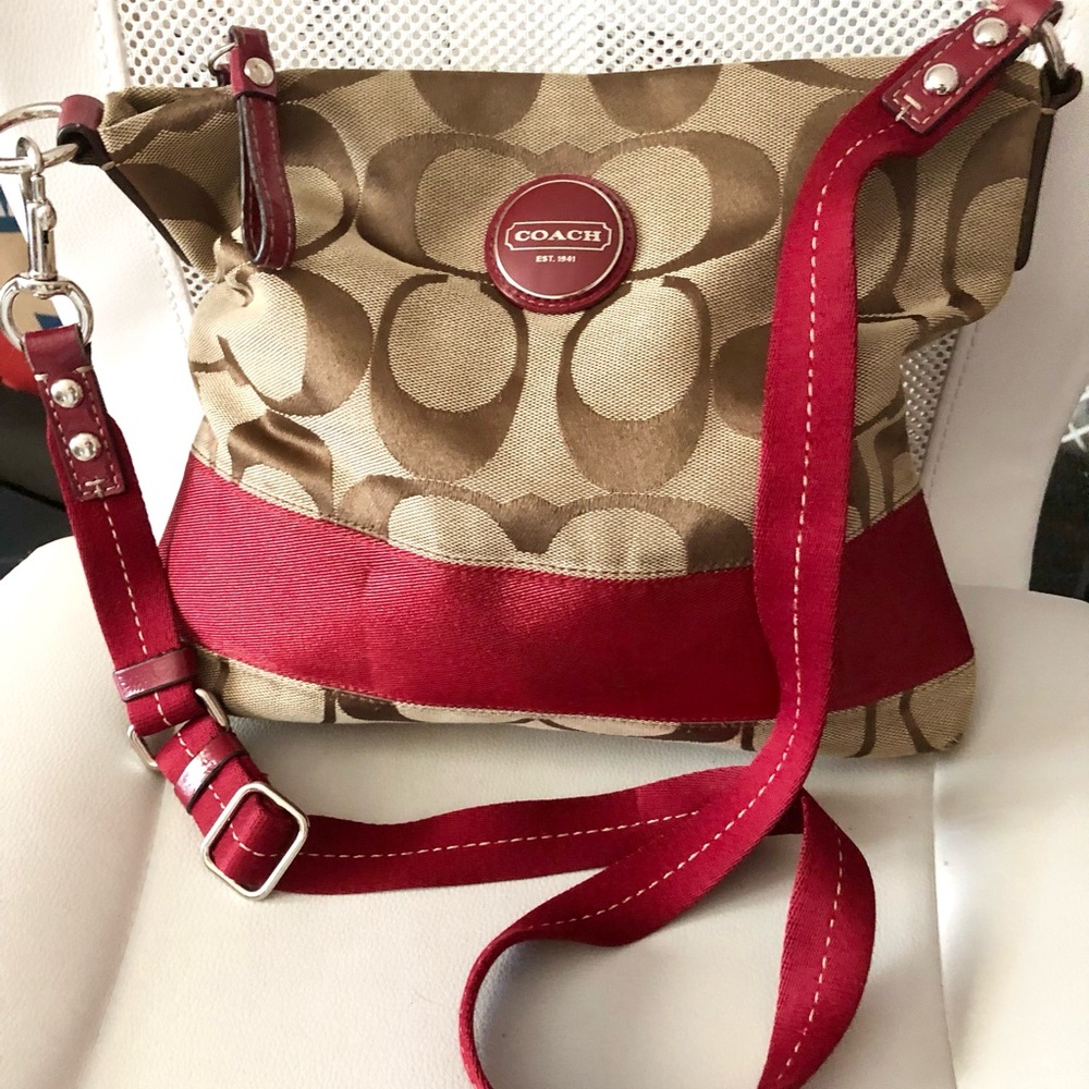COACH Signature Canvas Crossbody Bag in Red and Tan